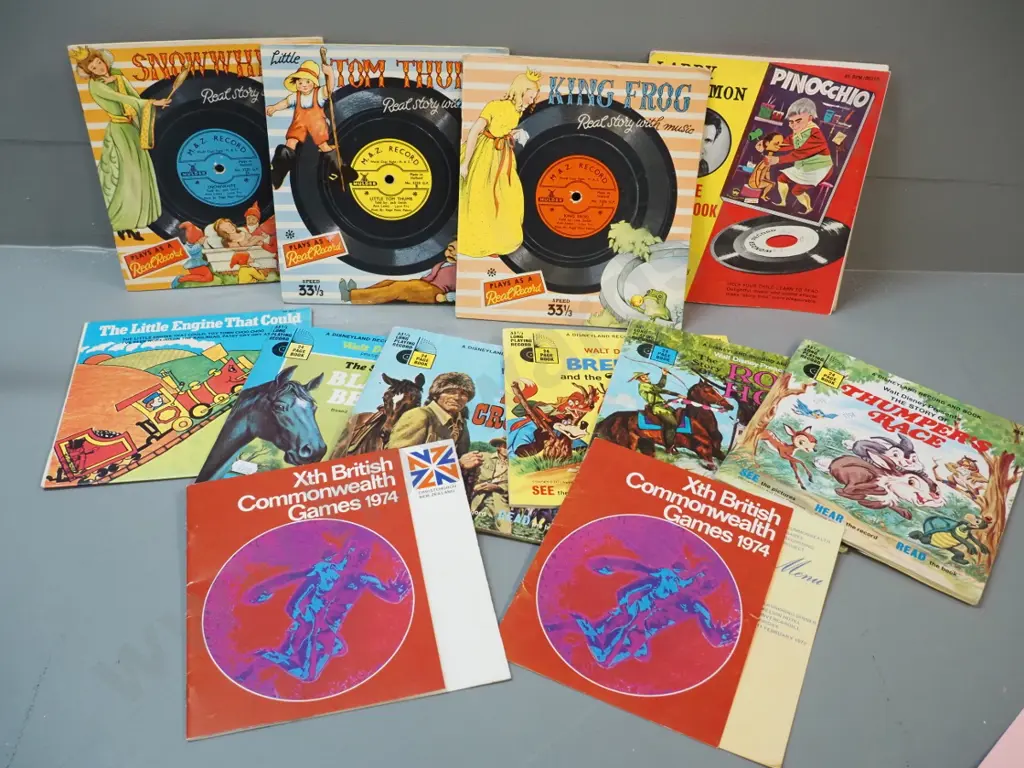 assorted children's book & record sets and 2 1974 Commonwealth Games items - a menu & a booklet with audio recording Image 1++