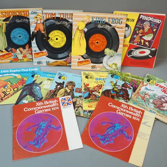 assorted children's book & record sets and 2 1974 Commonwealth Games items - a menu & a booklet with audio recording