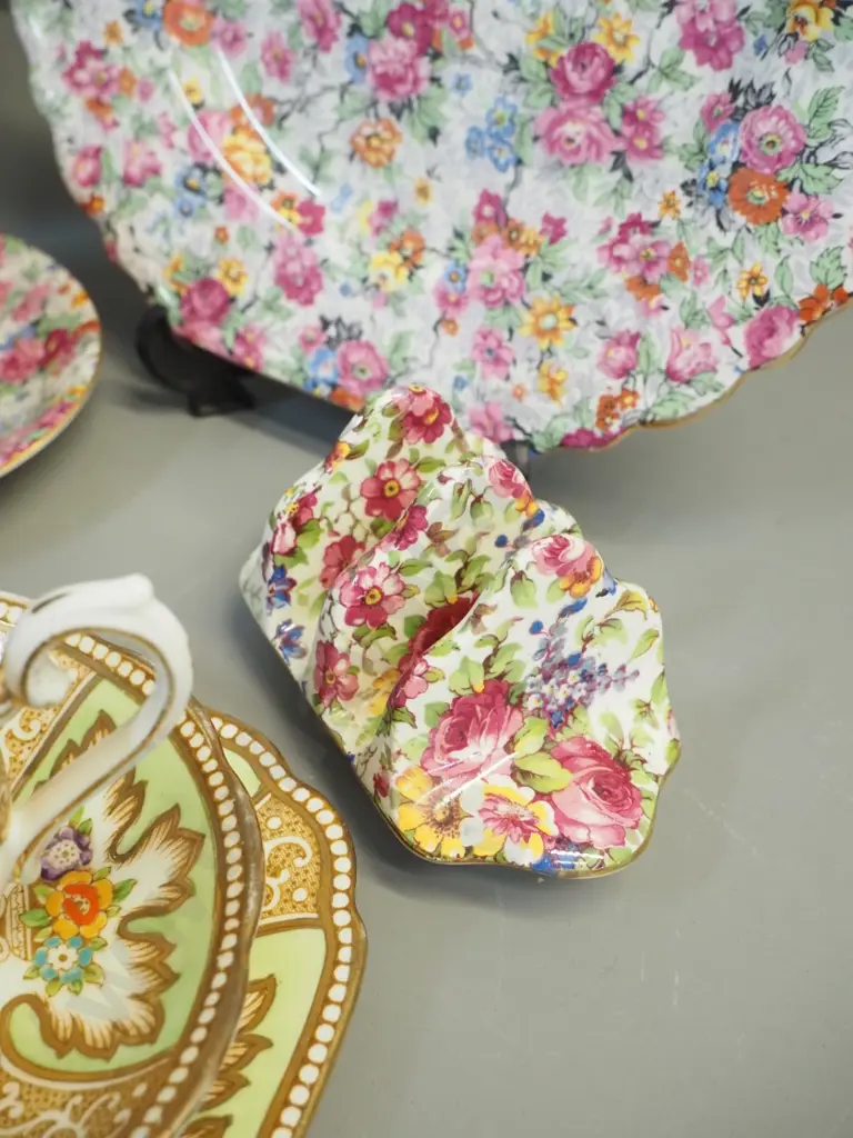 Wedgood cake plate, 3 trios - Royal Albert & Aynsley - and 3 pieces All-over-floral china - Royal Winton and Lord Nelson Image 1++