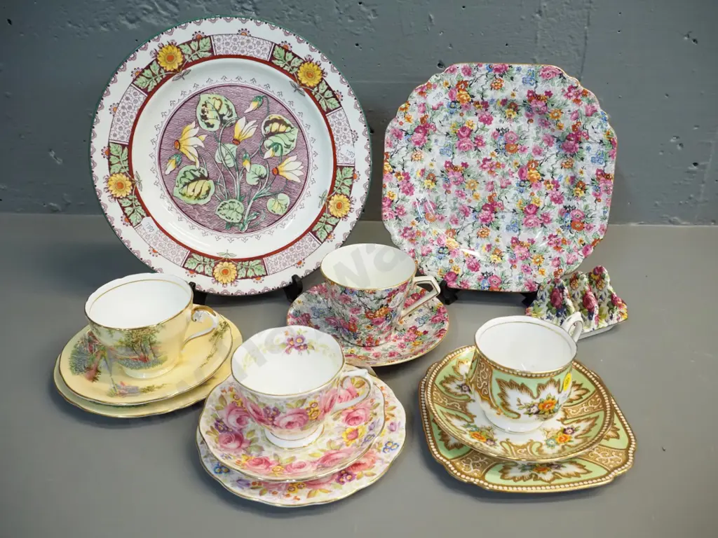 Wedgood cake plate, 3 trios - Royal Albert & Aynsley - and 3 pieces All-over-floral china - Royal Winton and Lord Nelson Image 1++