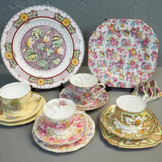 Wedgood cake plate, 3 trios - Royal Albert & Aynsley - and 3 pieces All-over-floral china - Royal Winton and Lord Nelson