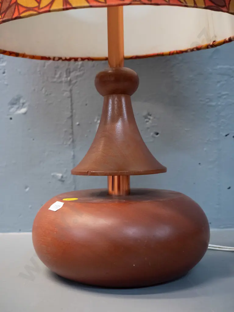 retro turned timber and copper table lamp with floral print shade - small chip to timber, minor fraying to shade H430 Image 1++
