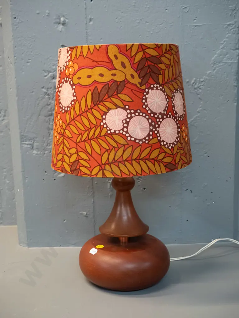 retro turned timber and copper table lamp with floral print shade - small chip to timber, minor fraying to shade H430 Image 1++