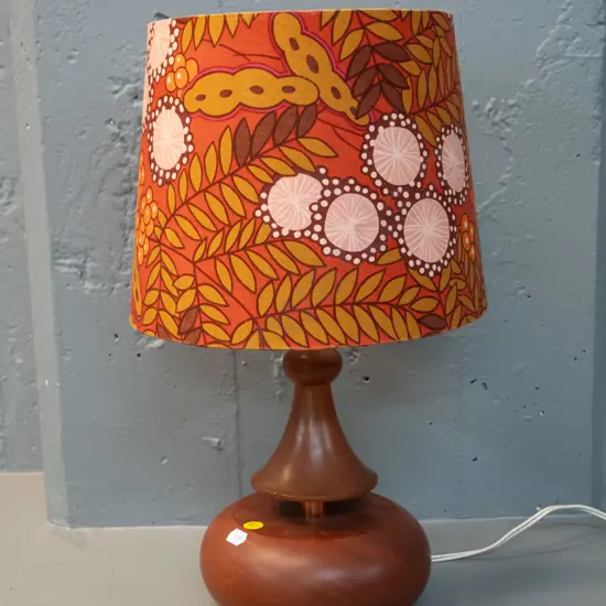 retro turned timber and copper table lamp with floral print shade - small chip to timber, minor fraying to shade H430