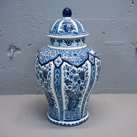 large blue & white Boch of Belgium Delfts lidded jar H-350 D-200