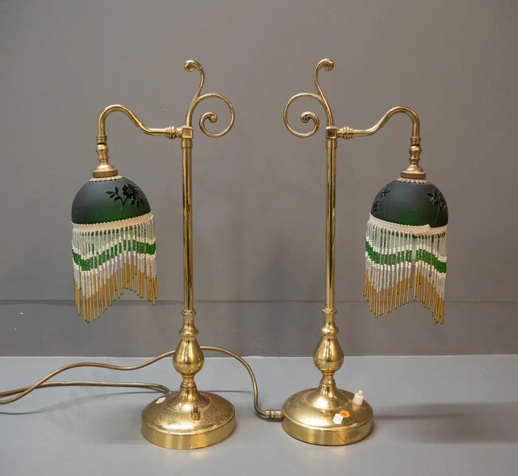 pair of reproduction brass table lamps with glass bead fringed shades - discolouration to brass, some fringe drops Image 1++