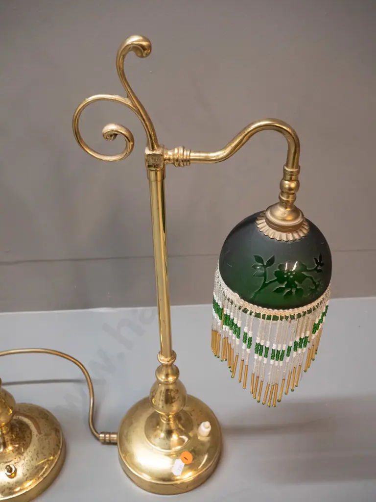 pair of reproduction brass table lamps with glass bead fringed shades - discolouration to brass, some fringe drops Image 1++