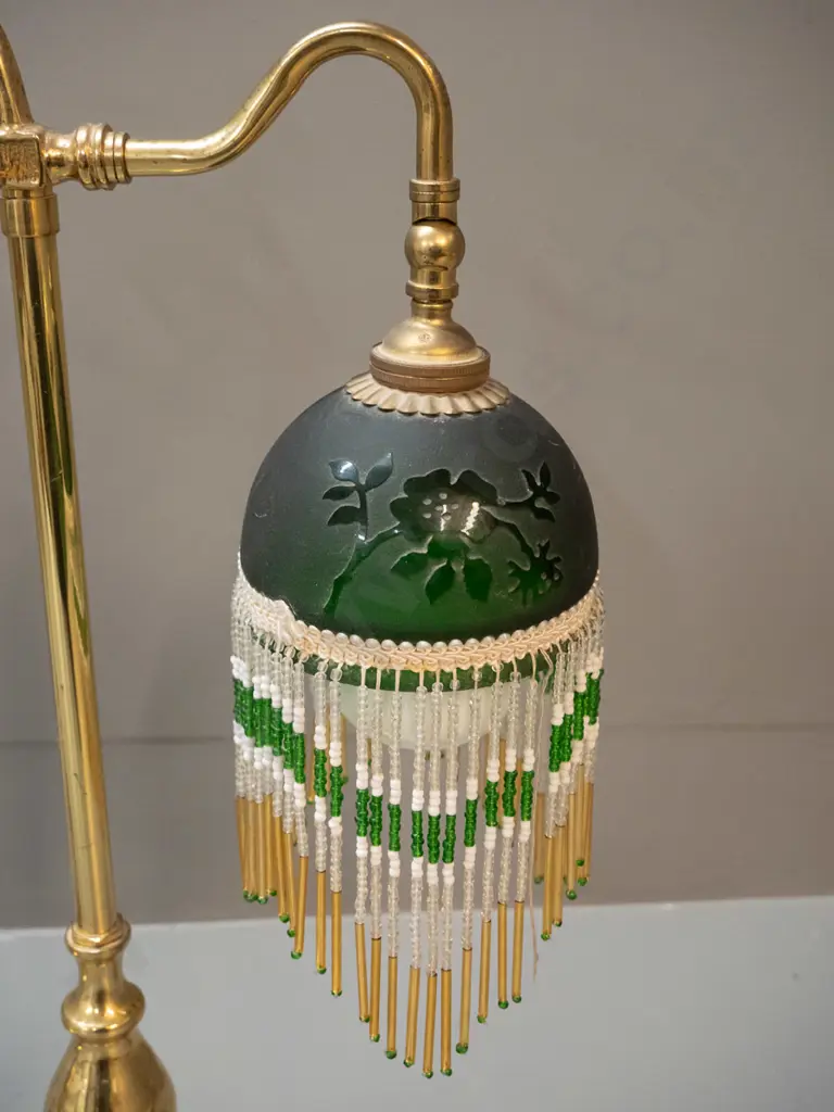 pair of reproduction brass table lamps with glass bead fringed shades - discolouration to brass, some fringe drops Image 1++