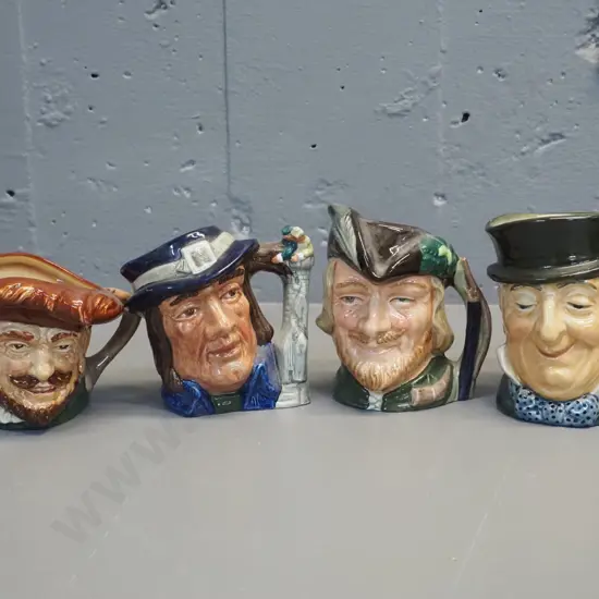 4 small Royal Doulton character jugs - Robin Hood H-110, Gulliver, etc.