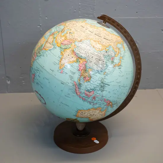 Replogle US world globe with metal support and timber base - some minor damage to surface D-300
