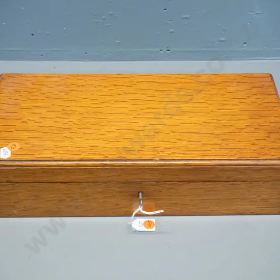 vintage timber box with hinged lid, brass lock, key H-95 W-355 D-170