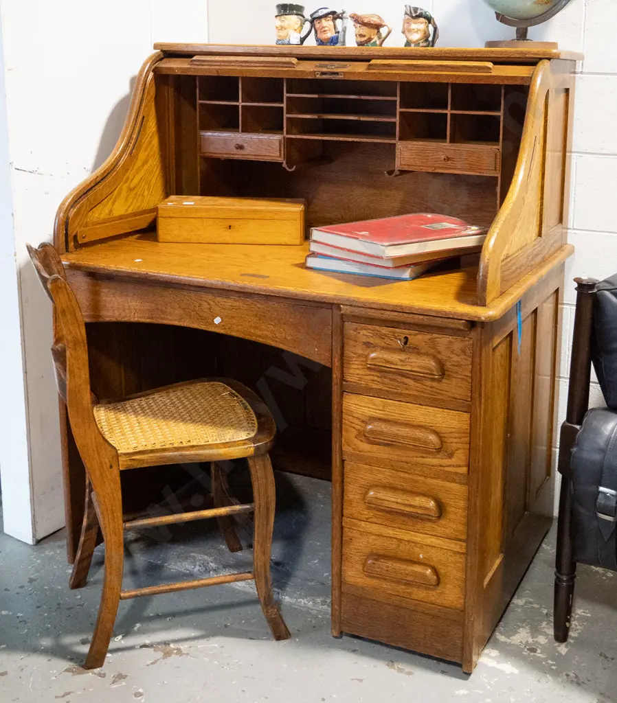 vintage oak single pedestal roll-top desk on metal casters - slide and 3 pedestal drawers, 2 small interior drawers, Image 1++