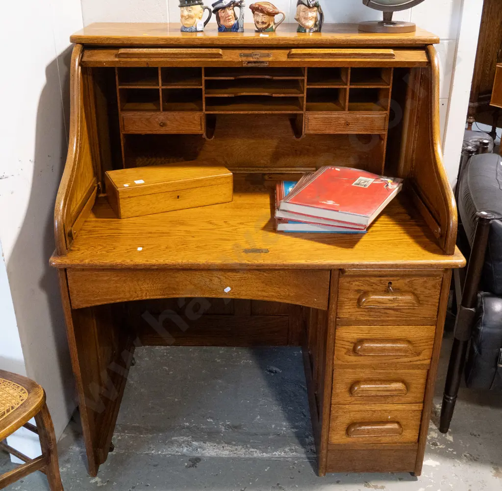 vintage oak single pedestal roll-top desk on metal casters - slide and 3 pedestal drawers, 2 small interior drawers, Image 1++