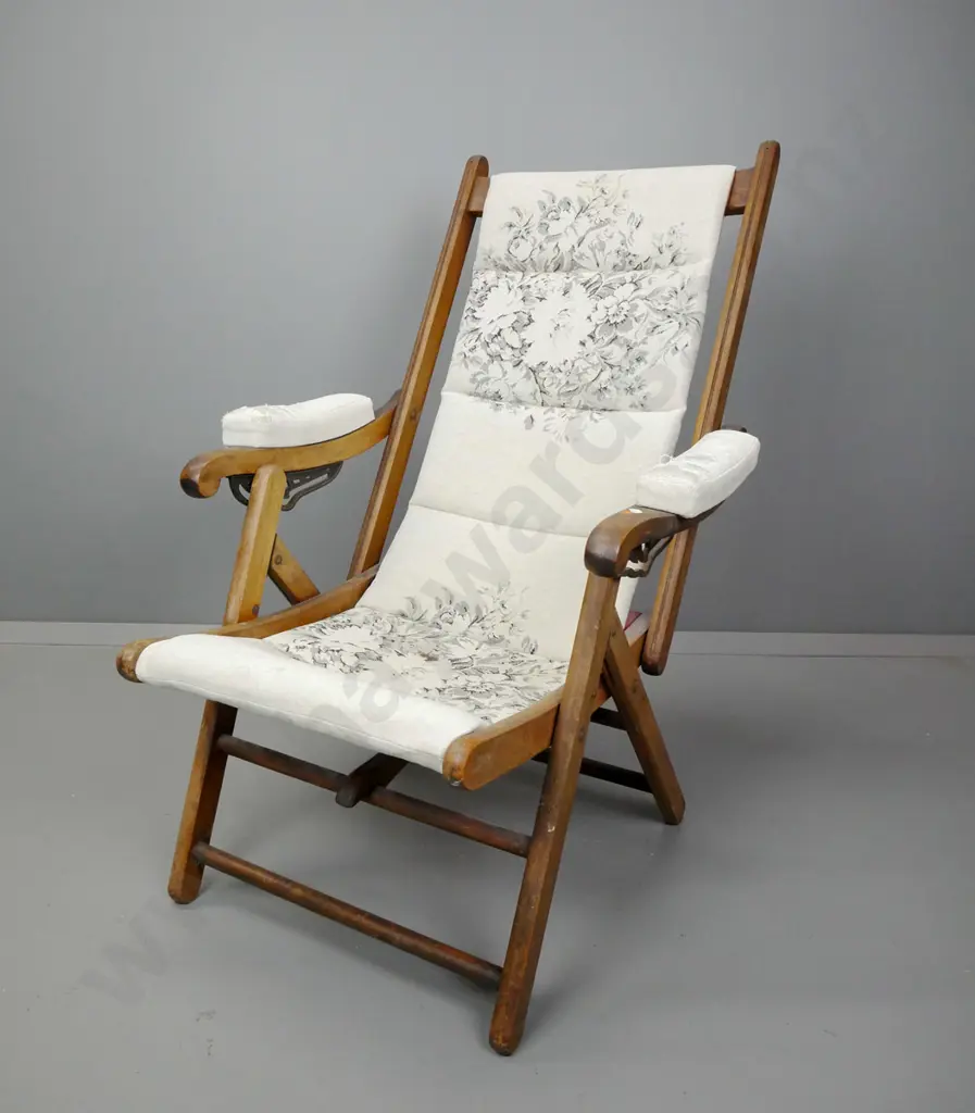 vintage beech adjustable tilting armchair stains/wear to fabric on seat and arms H-960 W-660 D-640 Image 1++