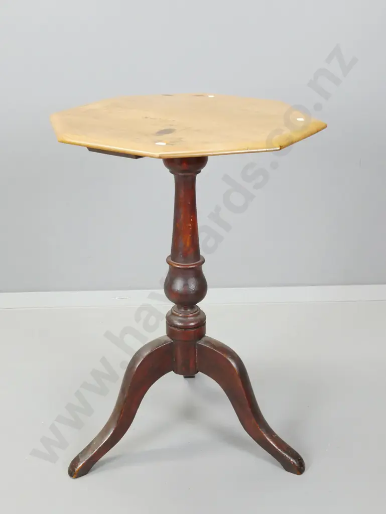 colonial kauri octagonal top wine table on turned stem, tripod base - staining to top H-750 D-510 Image 1++