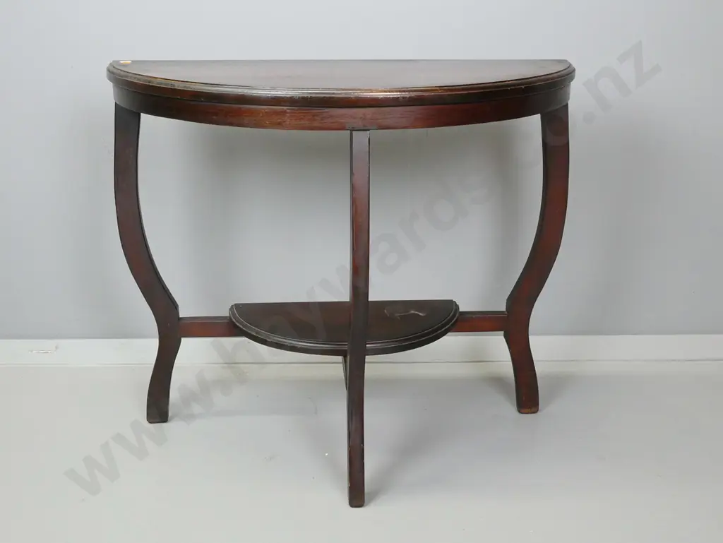 art deco mixed timber dark stained half-round occasional table w/3 shaped legs, bottom shelf - wear to polish on top Image 1++