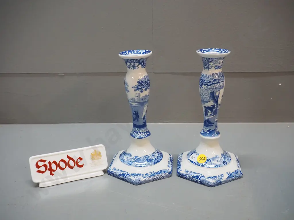 pair of Spode Blue Italian candlesticks H-180 and a small Spode display sign Image 1++