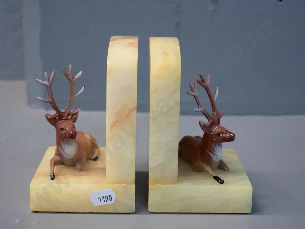 pair of alabaster book-ends with painted cast metal stag figures - Alabaster Industries, England label H-110 L-95 W-80 Image 1++