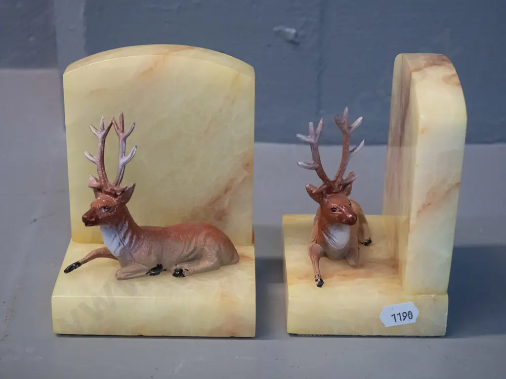 pair of alabaster book-ends with painted cast metal stag figures - Alabaster Industries, England label H-110 L-95 W-80 Image 1++