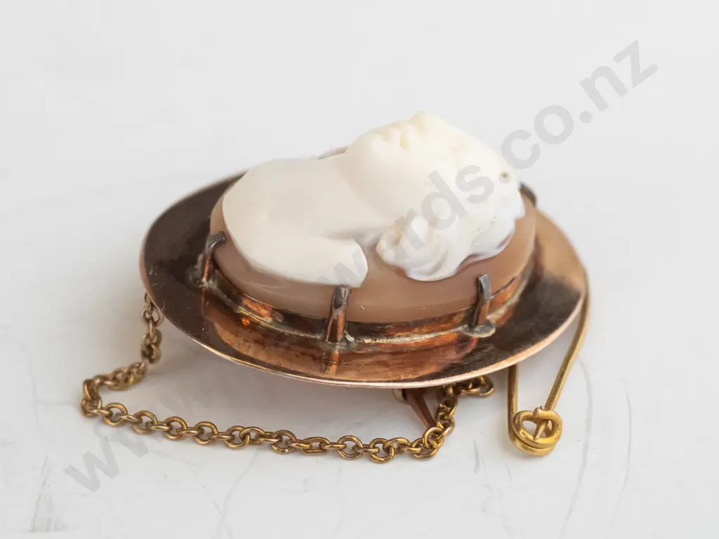 9ct cameo brooch with safety chain Image 1++