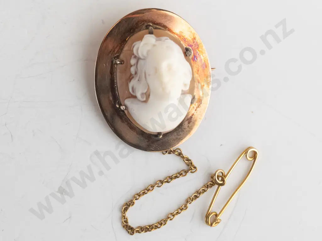 9ct cameo brooch with safety chain Image 1++