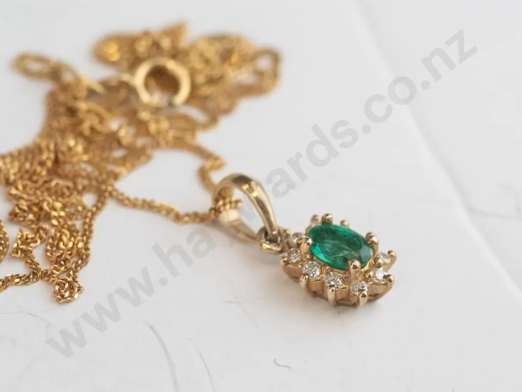9ct gold emerald and diamond cluster pendant on very fine 9ct curb chain 45cm, 1.6gms total Image 1++