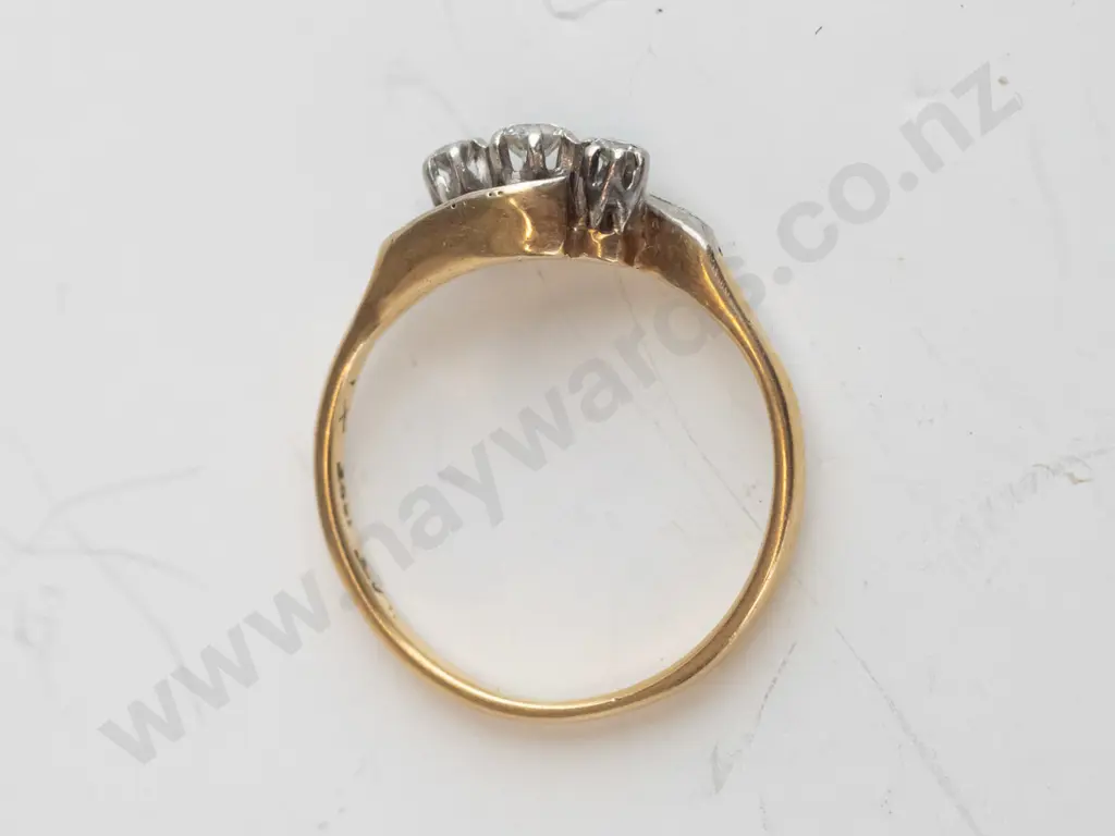 18ct yellow gold, platinum set 3 diamond ring, 2.4gms, estimate of .14cts Image 1++