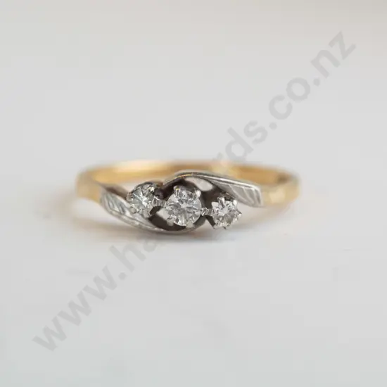 18ct yellow gold, platinum set 3 diamond ring, 2.4gms, estimate of .14cts