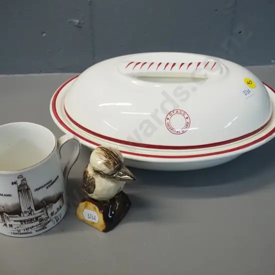 Otago Hospital Board covered vege serving dish L260 W210, Coclough New Zealand Centennial mug & small kookaburra figure
