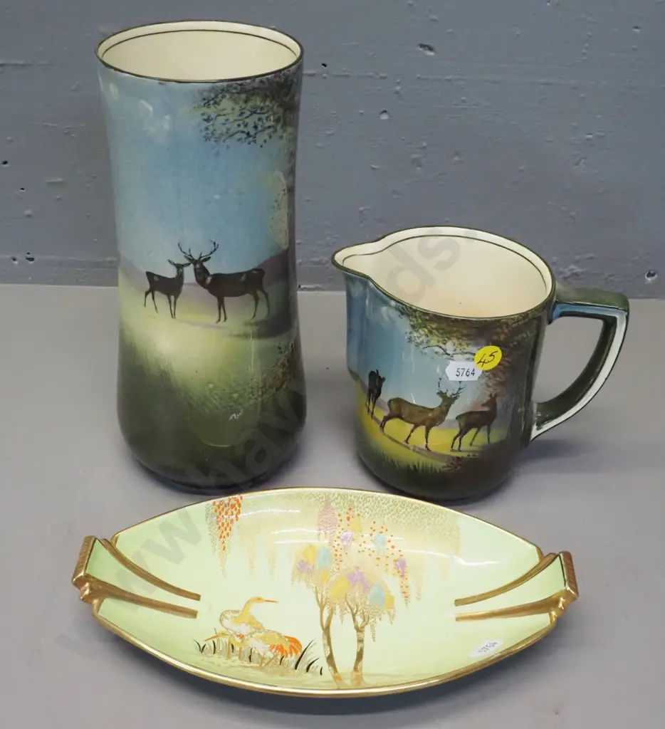 Carlton ware lustre storks biscuit plate and 2 pieces of Royal Doulton deer motif china - vase is H-230 Image 1++