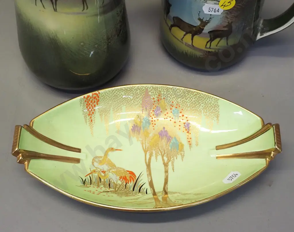 Carlton ware lustre storks biscuit plate and 2 pieces of Royal Doulton deer motif china - vase is H-230 Image 1++