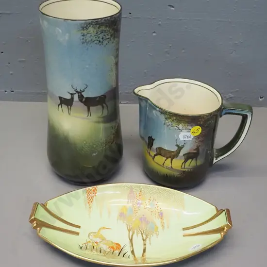Carlton ware lustre storks biscuit plate and 2 pieces of Royal Doulton deer motif china - vase is H-230