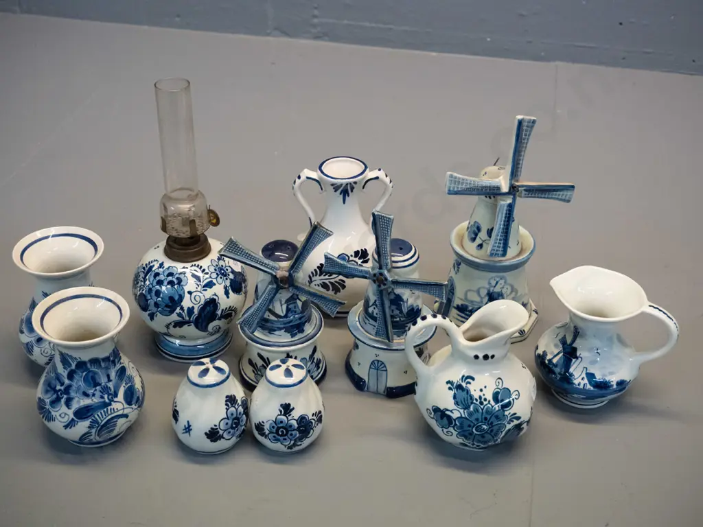11 assorted small hand-painted Delft blue & white items - kerosene lamp, windmill salt & pepper, jugs, vases, smaller Image 1++