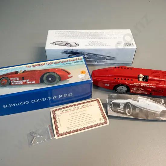 Schylling vintage style wind-up tin toy Sunbeam land speed record vehicle with key, booklet, certificate and box. L-275