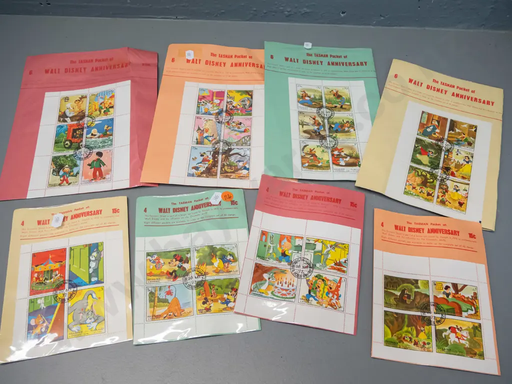 complete set of 8 packets 1972 DIsney commemorative stamps issued by Sharjah / Tasman NZ Image 1++