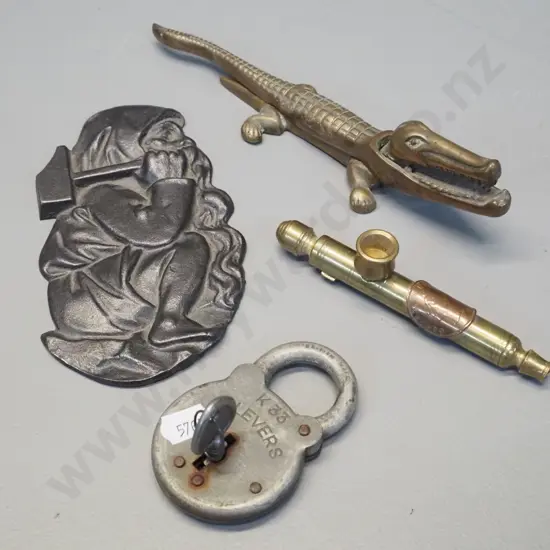 small brass crocodile nutcracker, vintage padlock, brass smoker's pipe with George VI coin and a flat cast metal dwarf