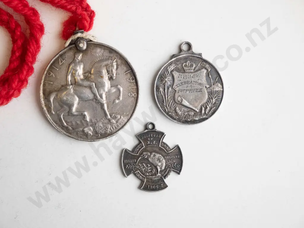 3 vintage (sterling?) silver medals - 1897 Bruce Celebration First Prize, 1906-7 NZ Souvenir, and 1914-18 George V Image 1++
