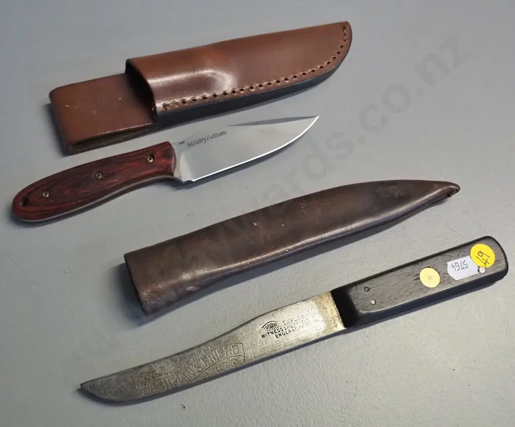2 timber handled knives in leather sheaths - vintage Taylor Witness Sheffield Bushman's Friend L-260 and a more modern Image 1++