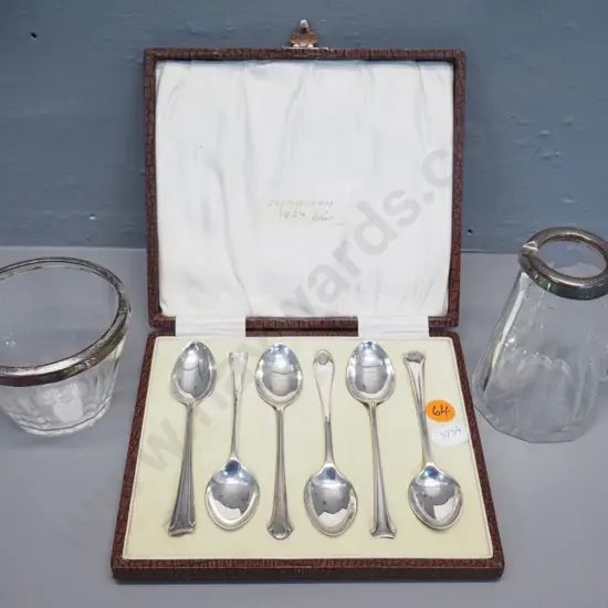 6 teaspoons in fitted case (4 hallmarked sterling, 2 w/partial marks, unsure if sterling but likely) and sterling rimmed