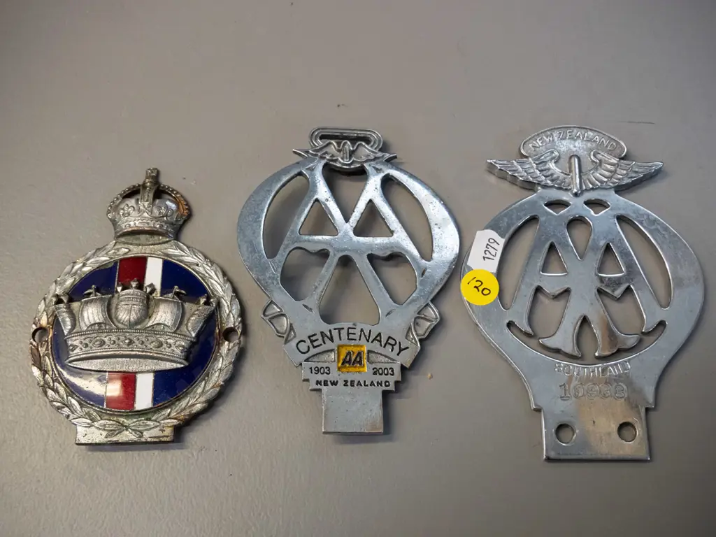 3 chrome car badges - AA Southland H-130, AA 2003 centenary, and one with enamel insert and crown motifs Image 1++