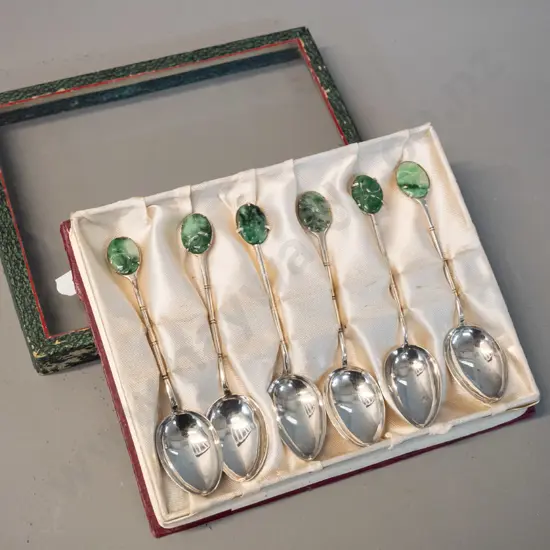 cased set silver coffee spoons with carved stone (malachite?) oval inserts - spoons marked "Silver 90"
