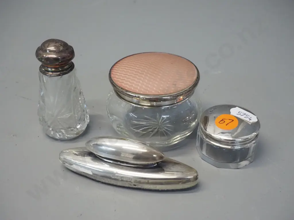 4 sterling silver mounted dressing table ware - powder pot w/enamel lid D80, rouge pot, scent bottle & nail buff w/ some Image 1++