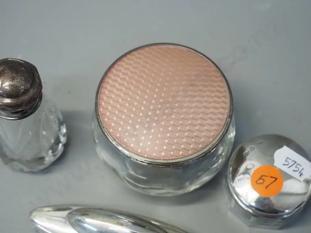4 sterling silver mounted dressing table ware - powder pot w/enamel lid D80, rouge pot, scent bottle & nail buff w/ some Image 1++