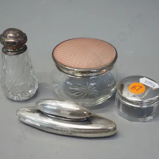 4 sterling silver mounted dressing table ware - powder pot w/enamel lid D80, rouge pot, scent bottle & nail buff w/ some