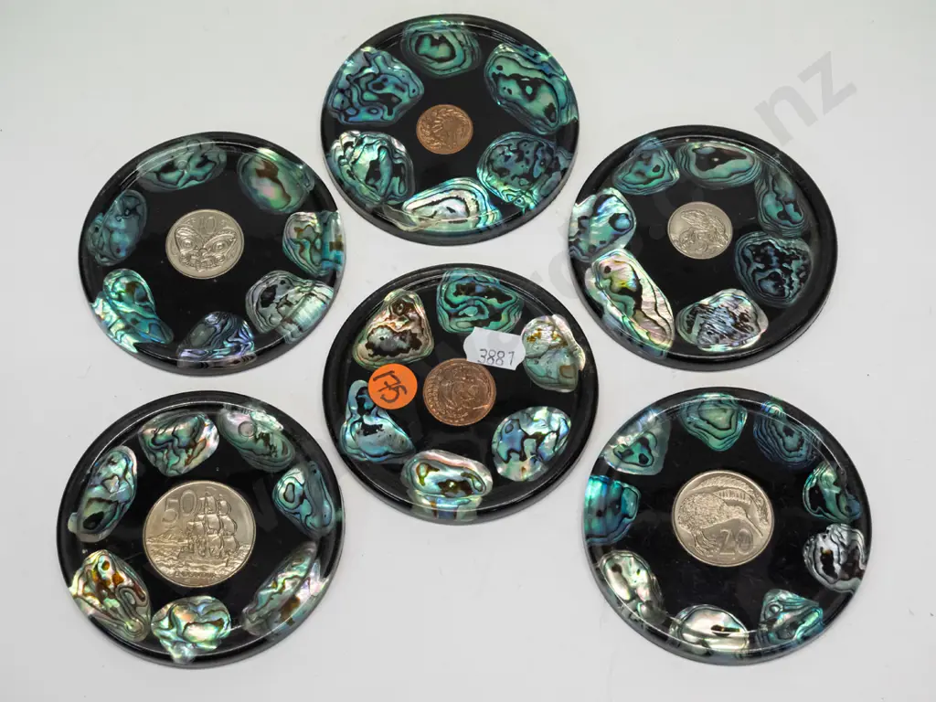 6 coasters with paua shell & a different coin in centre Image 1++