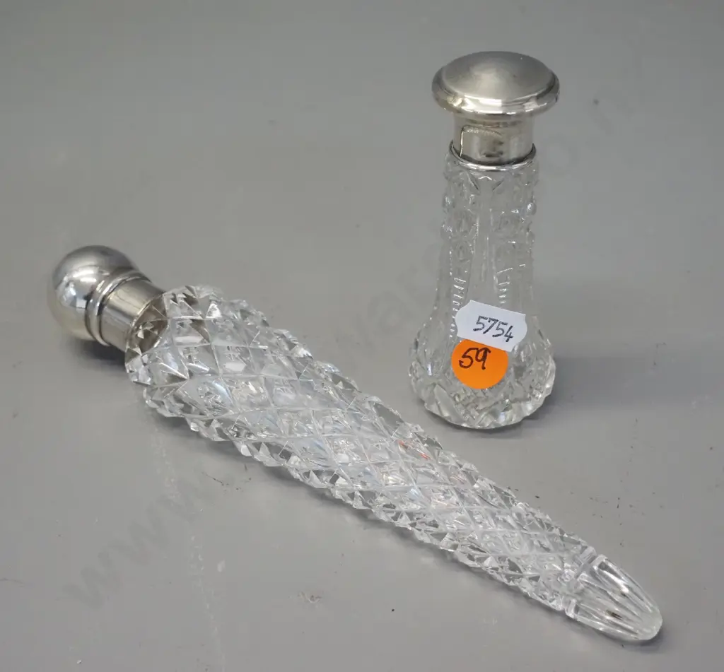 2 cut glass scent bottles with sterling silver collars and lids - one torpedo bottle L-190 Image 1++