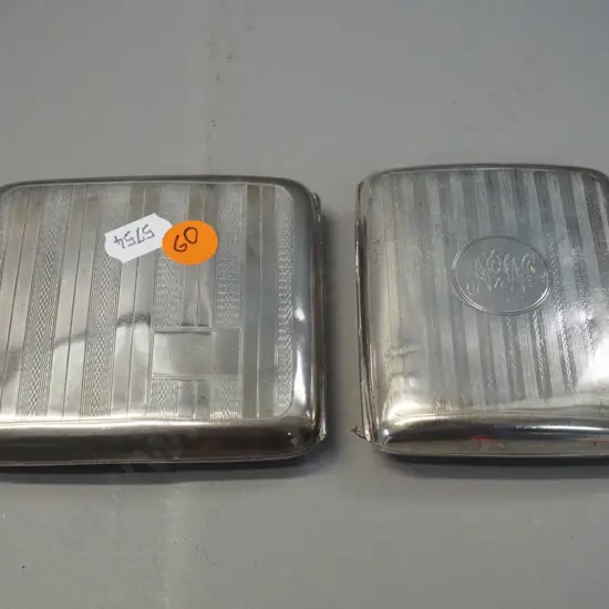 2 sterling silver cigarette cases - one has a few shallow dents, "A to W" monogram. Larger is 80 x 80