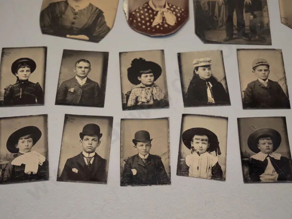 17 assorted small antique American tintype portrait photographs including 10 "gem" size portraits. Largest is H75 W60, Image 1++