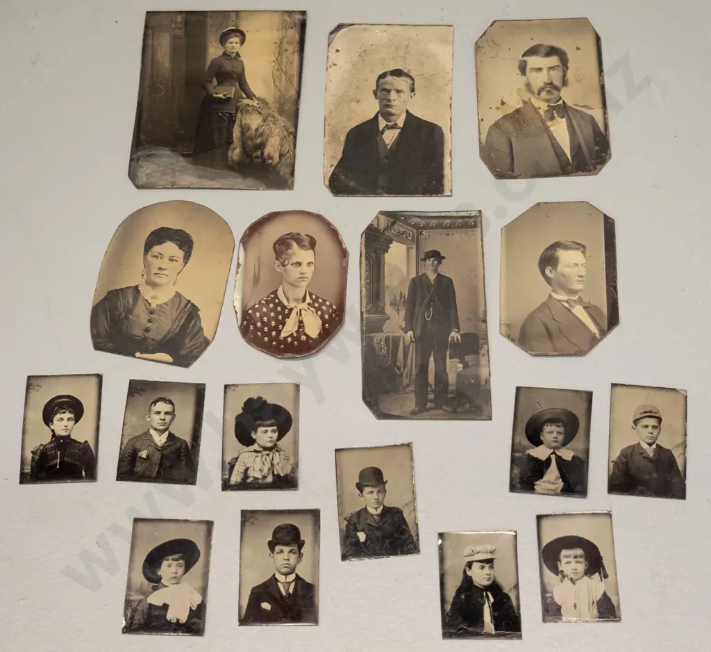17 assorted small antique American tintype portrait photographs including 10 "gem" size portraits. Largest is H75 W60, Image 1++