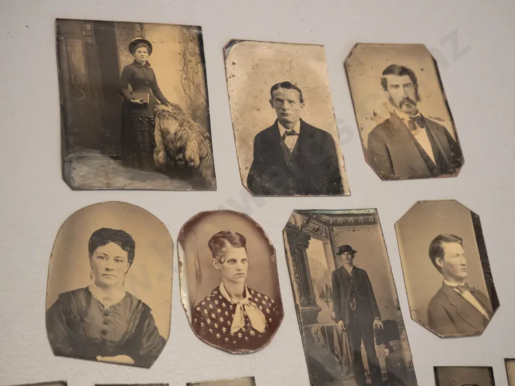 17 assorted small antique American tintype portrait photographs including 10 "gem" size portraits. Largest is H75 W60, Image 1++